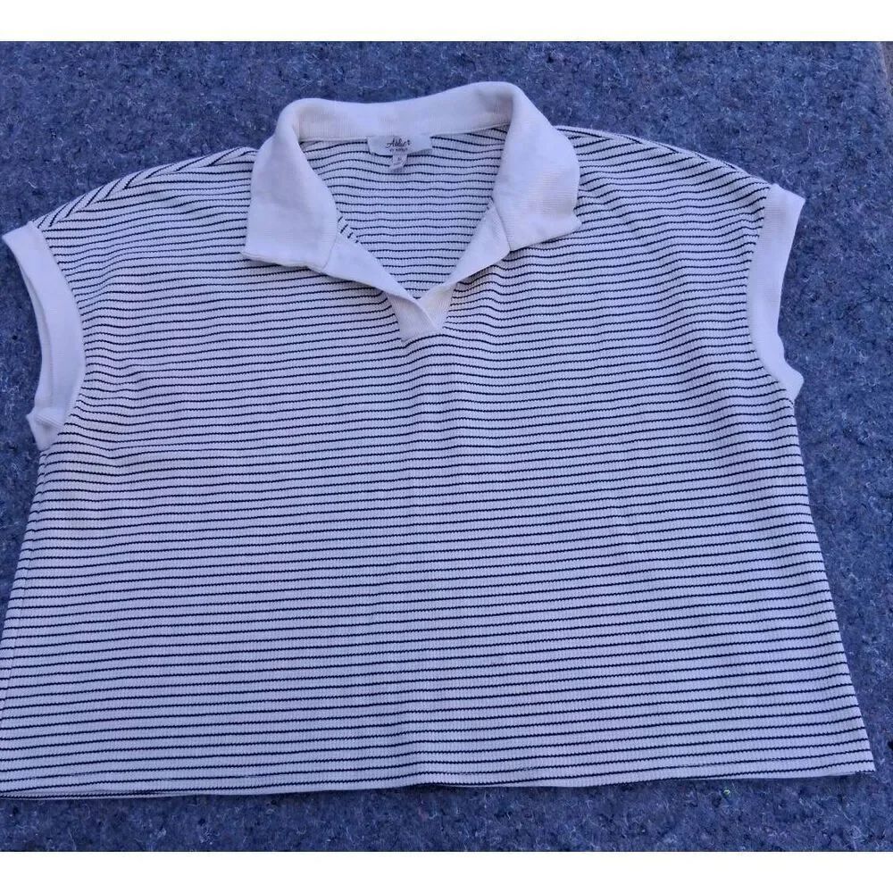 Atelier kirious womens xl boxy polo shirt cream black stripe cotton stretch - Picture 3 of 8